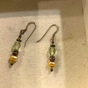 White Pearl and Green Bead Drop Earrings